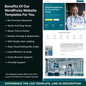 May include: A website template advertisement with the text "Benefits Of Our WordPress Website Templates For You." The ad highlights features like easy setup, SEO-readiness, and mobile responsiveness. The right side shows a healthcare website design with the text "Reliable Healthcare for You and Your Family."