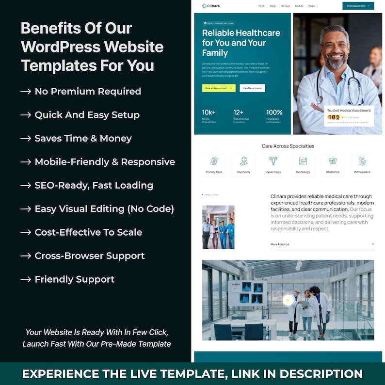 May include: A website template advertisement with the text "Benefits Of Our WordPress Website Templates For You." The ad highlights features like easy setup, SEO-readiness, and mobile responsiveness. The right side shows a healthcare website design with the text "Reliable Healthcare for You and Your Family."