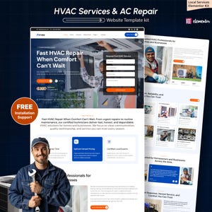 May include: A website template kit for HVAC services and AC repair. The design features a blue and white color scheme with images of technicians and service details. Text includes "Fast HVAC Repair When Comfort Can't Wait."