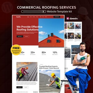 May include: A website template kit for commercial roofing services. The design features a red and white color scheme with images of roofing work and a smiling worker holding a drill. Text includes "Roofing Solutions" and "Trusted Roofing Experts".