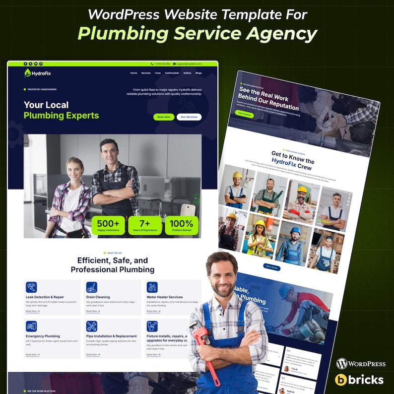 May include: A website template for a plumbing service agency. The design features a dark green background with a website mockup showcasing plumbing services. The template includes the text "Your Local Plumbing Experts" and "Efficient, Safe, and Professional Plumbing."