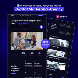 May include: A dark blue website template kit for a digital marketing agency. The design includes two mockups of website pages, one with a photo of two people and the text "Design-driven development of your web product". The other mockup shows website features.