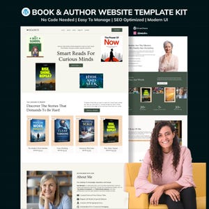 May include: A website template kit for authors and books, with a modern UI. The design includes book covers, website sections, and the text "Smart Reads For Curious Minds". The template is SEO optimized and easy to manage.