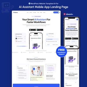 May include: A website template kit for an AI assistant mobile app landing page. The design features a smartphone mockup displaying the app's interface, with the text "Your Smart AI Assistant For Faster Workflows". The design includes the App Store and Google Play logos.