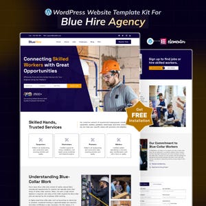 May include: A website template kit for Blue Hire Agency, showcasing a modern design with a blue and white color scheme. The design includes sections for skilled workers, job opportunities, and free installation.