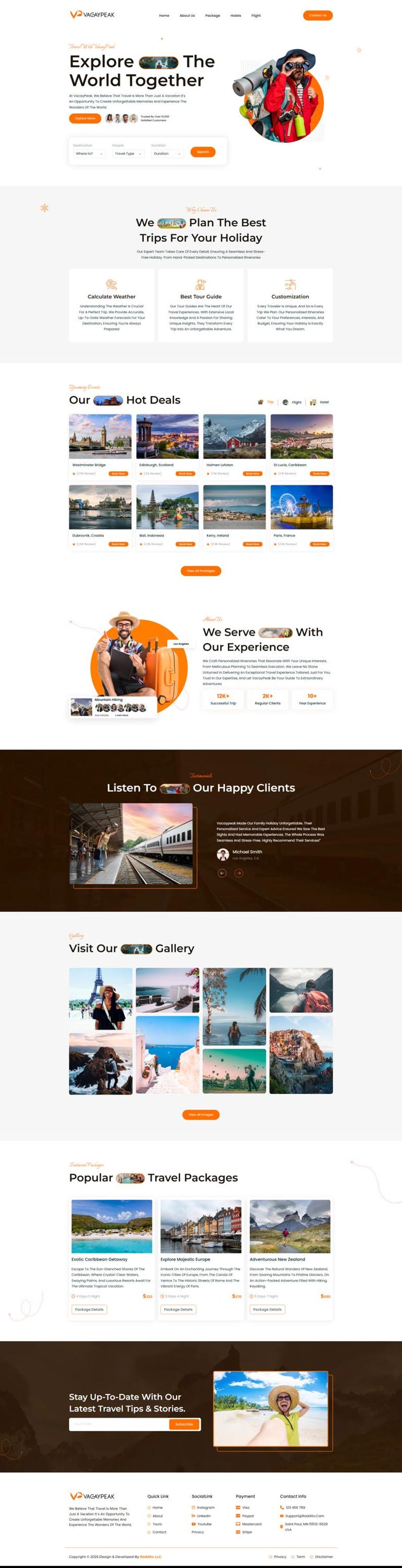 May include: Website homepage for Vagaypeak, a travel agency. The page features a header with navigation, a call to action to explore the world, and sections for hot deals, customer testimonials, and travel packages.