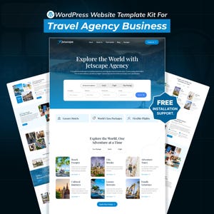 Puede incluir: Un kit de plantilla de sitio web para una agencia de viajes. El diseño presenta una combinación de colores azul y blanco con el texto "Explore the World with Jetscape Agency". La plantilla incluye secciones para hoteles de lujo, paquetes de clase mundial y vuelos flexibles. La imagen también incluye el texto "SOPORTE DE INSTALACIÓN GRATUITO".