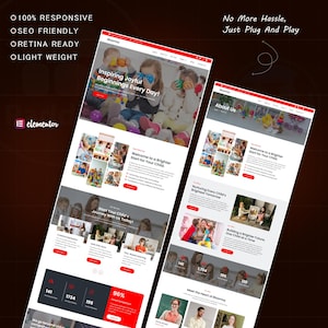 Puede incluir: Dos maquetas de sitios web con un dise&ntilde;o rojo y blanco, con el texto "Inspiring Joyful Beginnings Every Day!" y "Welcome to a Brighter Start for Your Child." El texto adicional incluye "No More Hassle, Just Plug And Play."
