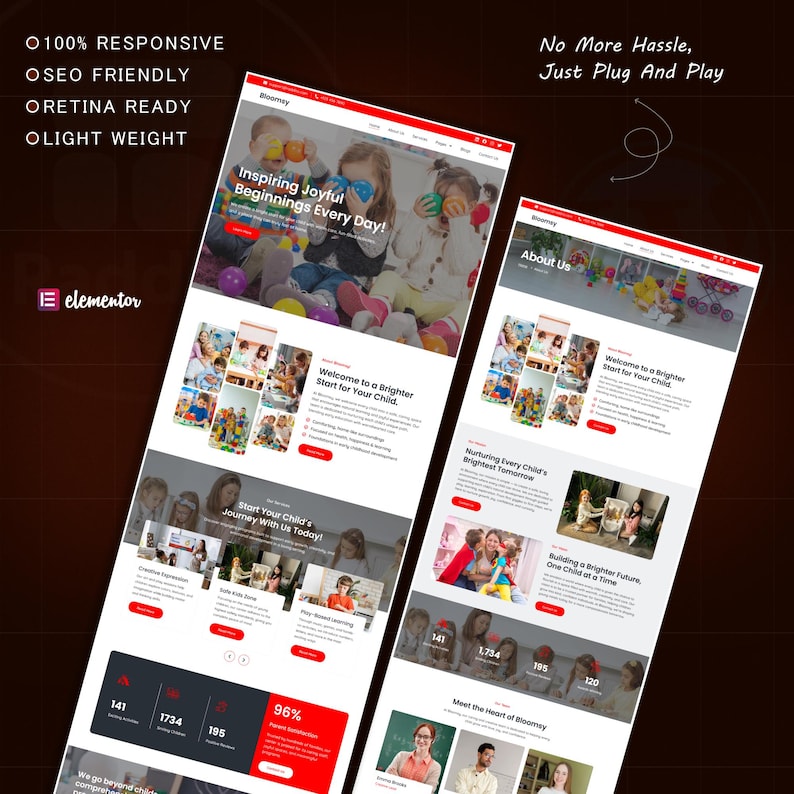 Puede incluir: Dos maquetas de sitios web con un dise&ntilde;o rojo y blanco, con el texto "Inspiring Joyful Beginnings Every Day!" y "Welcome to a Brighter Start for Your Child." El texto adicional incluye "No More Hassle, Just Plug And Play."