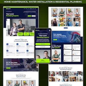 May include: A website and smartphone display advertising plumbing services. The website includes the text: "Your Local Plumbing Experts", "Efficient, Safe, and Professional Plumbing", and "See the Real Work Behind Our Reputation". The smartphone shows "Your Local Plumbing Experts".