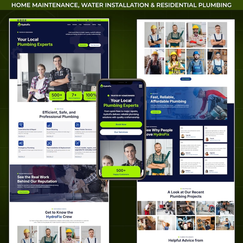 May include: A website and smartphone display advertising plumbing services. The website includes the text: "Your Local Plumbing Experts", "Efficient, Safe, and Professional Plumbing", and "See the Real Work Behind Our Reputation". The smartphone shows "Your Local Plumbing Experts".
