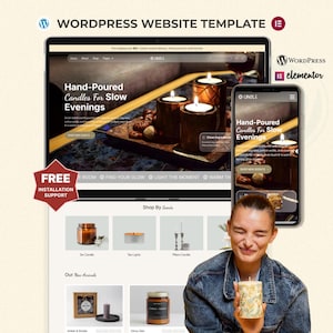 May include: A website template showcasing hand-poured candles. The design features a laptop and smartphone displaying the website, with a woman holding a candle. The text reads "Hand-Poured Candles For Slow Evenings."