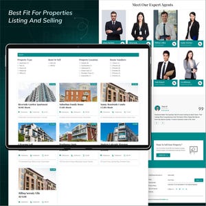May include: A digital interface for real estate listings, showcasing apartments, condos, and homes. The screen displays property details, including price, location, and room numbers. The text "Best Fit For Properties Listing And Selling" is at the top.