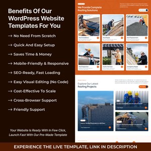 May include: A digital marketing graphic for WordPress website templates featuring a dark brown sidebar with a list of benefits including no need from scratch, quick setup, and SEO-ready features. The right side displays roofing service images.