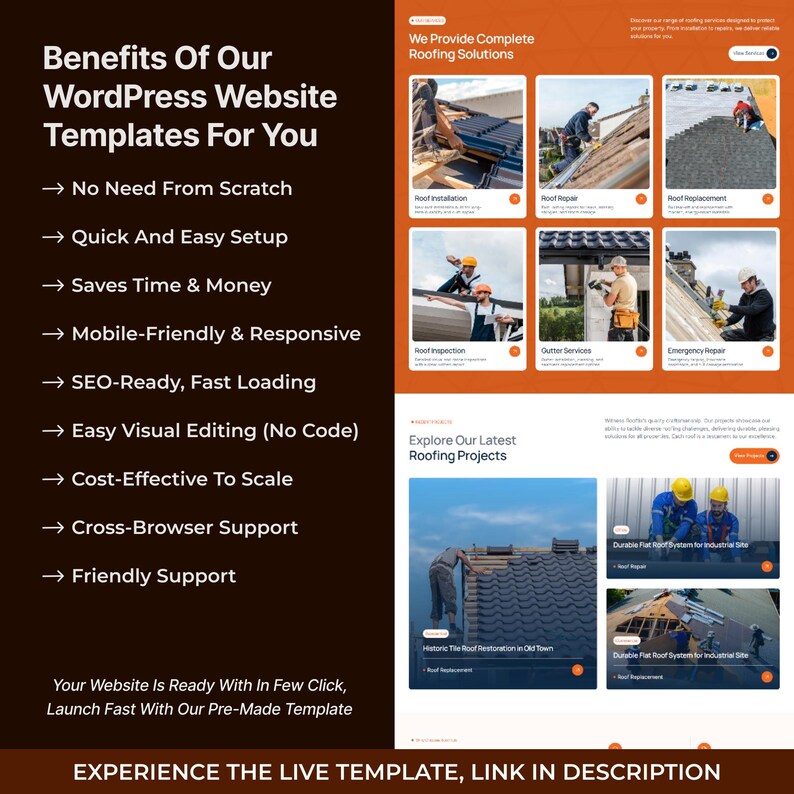 May include: A digital marketing graphic for WordPress website templates featuring a dark brown sidebar with a list of benefits including no need from scratch, quick setup, and SEO-ready features. The right side displays roofing service images.