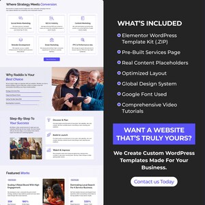 Puede incluir: Un anuncio de dise&ntilde;o web con el texto "Where Strategy Meets Conversion". El anuncio incluye secciones sobre marketing en redes sociales, SEO, marketing por correo electr&oacute;nico y anuncios PPC. Tambi&eacute;n presenta el texto "Want a website that's truly yours?"