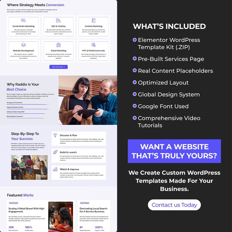 Puede incluir: Un anuncio de dise&ntilde;o web con el texto "Where Strategy Meets Conversion". El anuncio incluye secciones sobre marketing en redes sociales, SEO, marketing por correo electr&oacute;nico y anuncios PPC. Tambi&eacute;n presenta el texto "Want a website that's truly yours?"