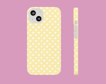 Żółte, smukłe etui na telefon w kropki, stylowy dodatek