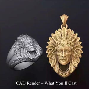 May include: A gray ring and a gold pendant featuring a Native American chief design. The ring and pendant showcase detailed carvings of the chief wearing a feathered headdress. The text "CAD Render - What You'll Cast" is at the bottom.