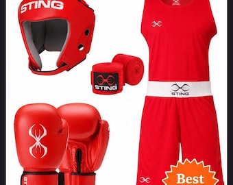 Rode boksset: handschoenen, hoofddeksel, uniform, omslagdoeken voor sparringtraining