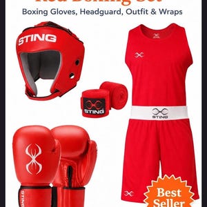 May include: A red boxing set featuring a headguard, boxing gloves, hand wraps, and a matching outfit. The set includes a red headguard, red boxing gloves, red hand wraps, and a red tank top and shorts. The text "Best Seller" is visible.