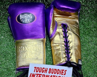 Guantoni da boxe Noo Boxing Noo Life con lacci – Guanti da allenamento e sparring in pelle fatti a mano in stile messicano, viola e oro, attrezzatura professionale da combattimento