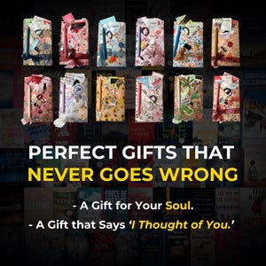 May include: A collection of wrapped gift sets, each with unique patterned paper and ribbons. The image is set against a backdrop of book covers. Text reads: "PERFECT GIFTS THAT NEVER GOES WRONG - A Gift for Your Soul. - A Gift that Says 'I Thought of You.'"