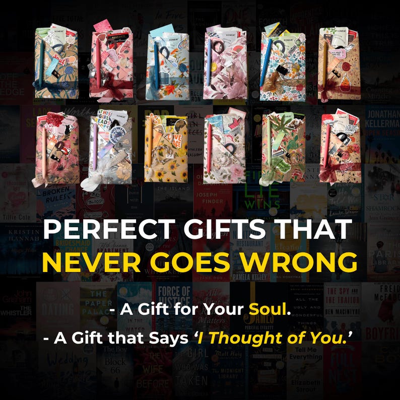 May include: A collection of wrapped gift sets, each with unique patterned paper and ribbons. The image is set against a backdrop of book covers. Text reads: "PERFECT GIFTS THAT NEVER GOES WRONG - A Gift for Your Soul. - A Gift that Says 'I Thought of You.'"