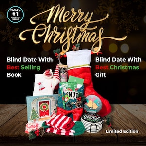 May include: A festive Christmas-themed gift set with a red stocking, a variety of gifts, and the words "Merry Christmas." The set includes a book, a gnome, a tumbler, and other items. The text "Blind Date With Best Christmas Gift" is also visible.