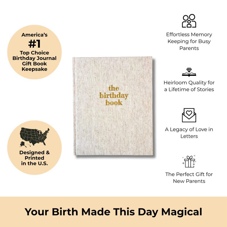 May include: A beige hardcover book titled "the birthday book" with gold lettering. The book is surrounded by text and graphics, including "America's #1 Top Choice" and "Designed & Printed in the U.S."