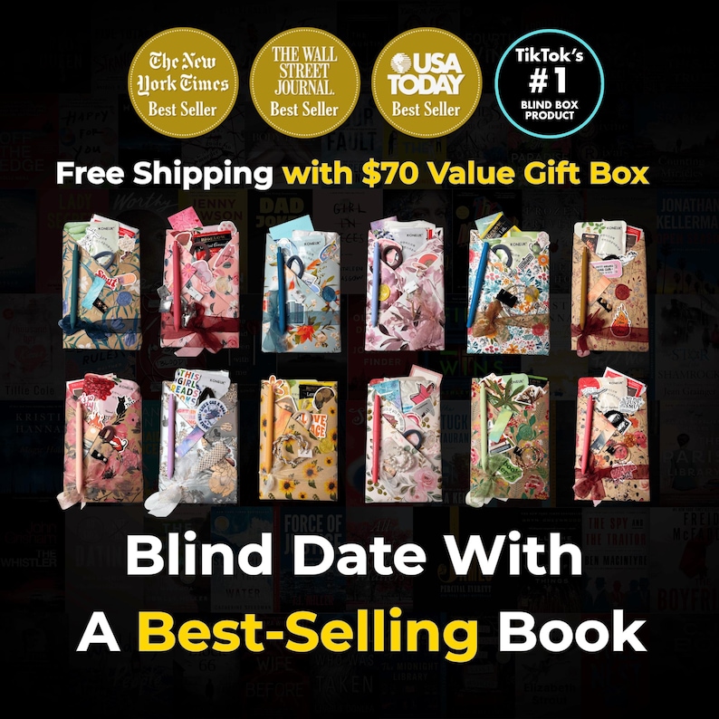 May include: A promotional image featuring several wrapped books, decorated with stickers and ribbons. The text reads "Blind Date With A Best-Selling Book" and includes the phrases "Best Seller" and "TikTok's #1 Blind Box Product."