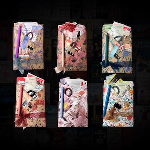May include: Six gift-wrapped packages with decorative paper, stickers, and pens. Each package features a unique floral or patterned design, with a variety of colours including pink, blue, and green. Some packages have ribbons and stickers with text.