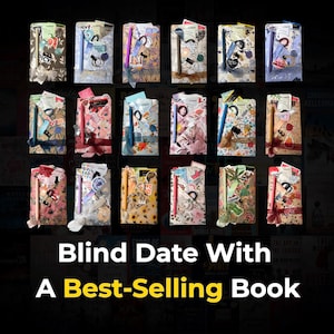 May include: An assortment of wrapped books, decorated with patterned paper, stickers, and pens. The text "Blind Date With A Best-Selling Book" is displayed in white and yellow, advertising a mystery book experience.