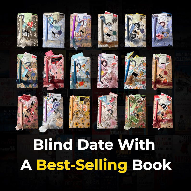 May include: An assortment of wrapped books, decorated with patterned paper, stickers, and pens. The text "Blind Date With A Best-Selling Book" is displayed in white and yellow, advertising a mystery book experience.
