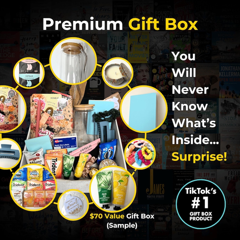 May include: A gift box containing a selection of items such as a candle, hair scrunchies, and beauty products. The box is filled with surprises, with the text "Premium Gift Box" at the top and "You Will Never Know What's Inside... Surprise!"