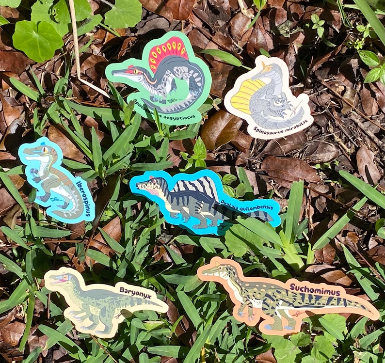 May include: A collection of colorful dinosaur stickers, each featuring a different species. The stickers are in various shapes and sizes, with detailed illustrations and the dinosaur's name printed on each. The stickers are set against a backdrop of green grass and brown leaves.