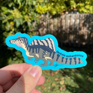 May include: A sticker featuring a Spinosaurus dinosaur illustration with the text "Oxalaia quilombensis". The dinosaur is depicted in shades of gray, tan, and blue, with a red crest. The sticker has a light blue border.