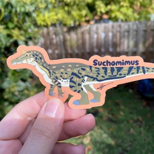 May include: A Suchomimus sticker featuring a detailed illustration of the dinosaur in shades of green, brown, and blue, with the name "Suchomimus" printed in blue. The sticker has an orange border and is held by a hand.