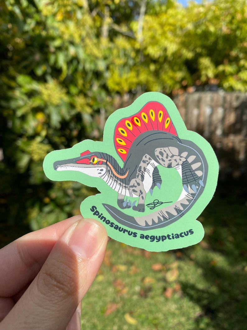 May include: A green sticker featuring a Spinosaurus aegyptiacus dinosaur illustration. The dinosaur has a gray body with white spots, a red and yellow sail, and the text "Spinosaurus aegyptiacus" in green.