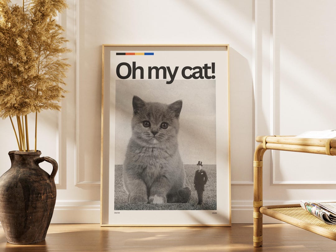 Funny Vintage Oversized Kitten Poster Surrealist Cat Art Print Digital ...