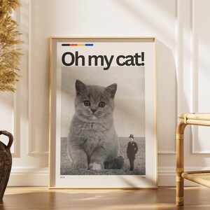 Funny Vintage Oversized Kitten Poster Surrealist Cat Art Print Digital Wall Art Download