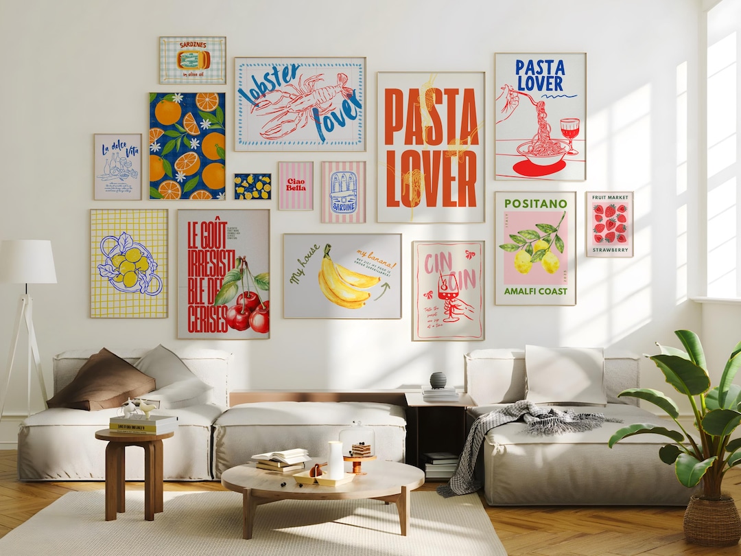 Retro Kitchen Gallery Wall Art: Mediterranean Food & Drink Prints ...