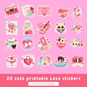 20 Printable Love Stickers PNG Cute Kawaii Digital Stickers for Planners Journals Scrapbooking Valentine’s Day Sticker Pack Instant Download