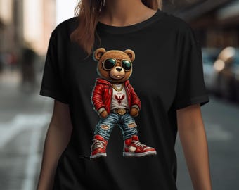 Teddy Bear Graphic T-Shirt: Urban Streetwear with Red Jacket