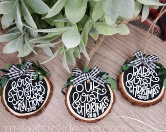 Hand Painted Wood Slice Christmas Ornament, Baby's First Christmas, Farmhouse Style