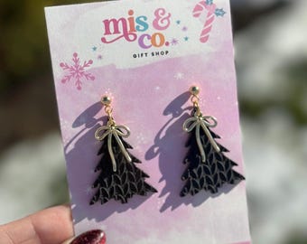 Black Sweater Tree and Gold Bow Dangle Earrings, Christmas Earrings