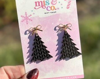 Black Sweater Tree and Gold Bow Dangle Earrings, Christmas Earrings