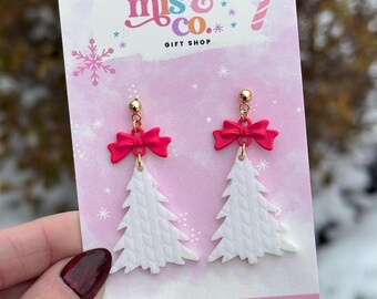 Sweater Tree and Hot Pink Bow Dangle Earrings, Christmas Earrings