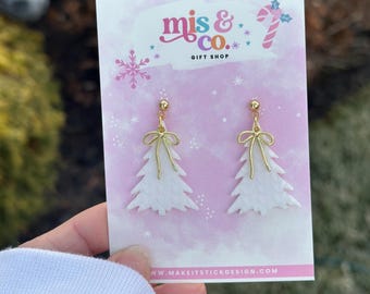 Sweater Tree and Gold Bow Dangle Earrings, Christmas Earrings