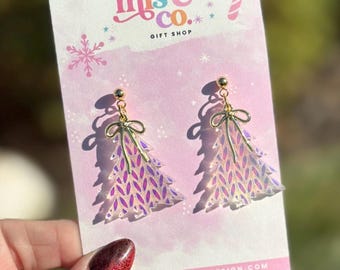 Iridescent Sweater Tree and Gold Bow Dangle Earrings, Christmas Earrings
